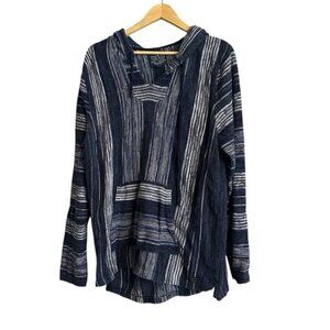 Lucky Brand Baja Woven Hooded Sweatshirt Sz Large Navy and White Long Sleeveless